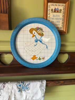 Vintage 80s & 90s Round metal Tray Calico Country Goose Design